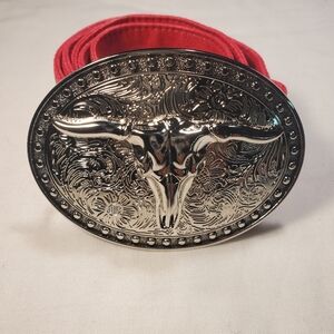 Chrome Long Horn Steer  Western Cowgirl Buckle w/Hot Pink Faux Leather 45.75"